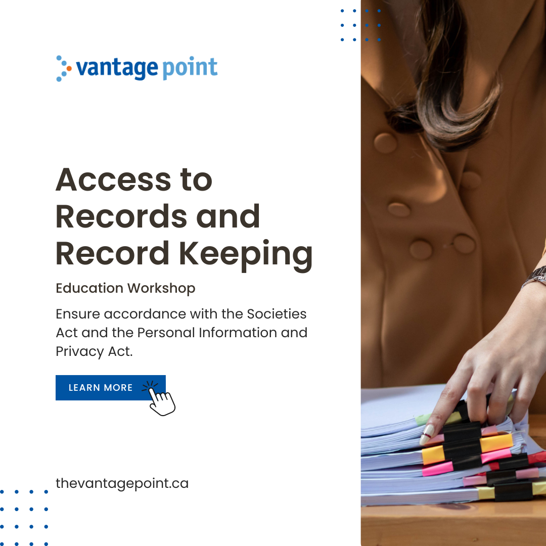 Vantage Point and PLEO's Access to Records and Record Keeping workshop graphic.